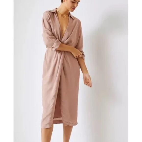 Anthropologie V-Neck Knot Front Midi Dress Side Zip Linen Blend Pink Size 4 - Picture 1 of 15